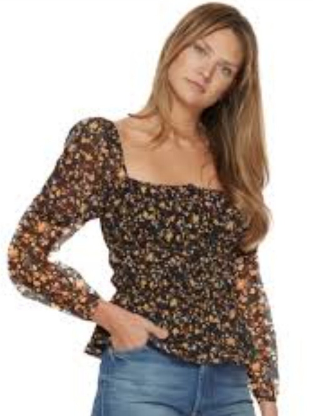 NWT Flag & Anthem Blouse Womens Sz S sheer Puffy Sleeves